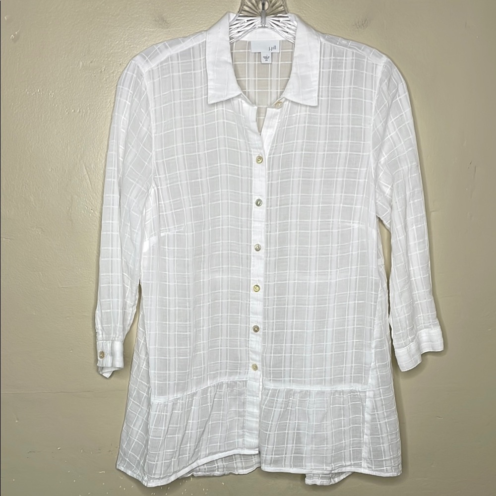 J JILL Button Front Shirt Lightweight Cotton Boxy Fit Ruffle Hem Costal Grandma